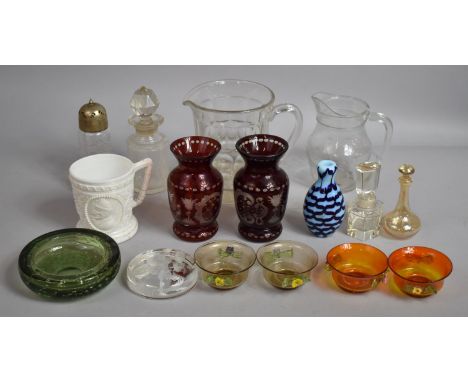 A Collection of Various Glassware to include Italian Glass Dishes with Applied Flower Decoration, Bohemian Ruby Glass Vases w