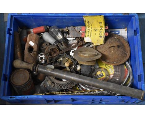 A Box Containing Vintage Tools and Sundries, Brass Toasting Fork, Brass Garden Spray etc 