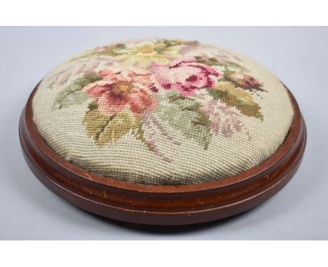 A Circular Mahogany Framed Tapestry Footstool on Three Bun Feet, 29.5cm Diameter 