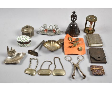 A Small Collection of Curios to Include Table Bell, Enamelled Box, Miniature Egg Timer, Cigarette Cases, Sugar Snips etc 