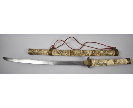 A Japanese Katana Sword with Carved Bone Handle and Scabbard, Blade 49cm Long 