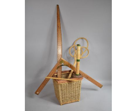 A Collection of Vintage Draughtsman's Rulers, Wooden Carpet Beater, Wicker Waste Bin etc 