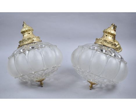 A Pair of 1950's Ceiling Hanging Light Fittings with Glass Shades, 30cm Diameter 
