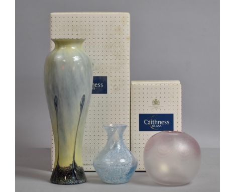 A Boxed Caithness Glass Vase together with a Smaller Blue Glass Caithness Example with Box and a Studio Art Globular Glass Va