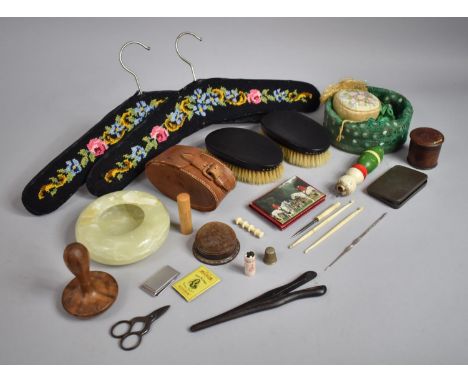 A Collection of Mid Century Sundries to Include Tapestry Coat Hangers, Travelling Brushes, Onyx Ashtray , Darning Mushroom, S