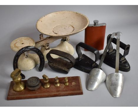 A Collection of Vintage Sundries to Include Kitchen Scales, Flatirons, Hip Flask, Shoe Stretchers, Scale weights etc 