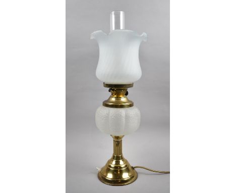 A Mid 20th Century Table Lamp in the Form of a Victorian Style Brass and Glass Oil Lamp, Overall Height 57cm high 