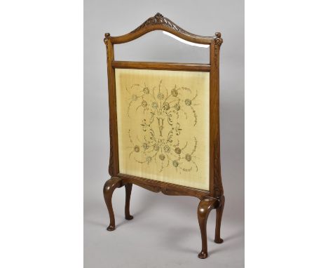 An Edwardian Mahogany Framed Firescreen with Silk Embroidered Panel Depicting Flowers and Monogrammed V, Cabriole Supports, 6