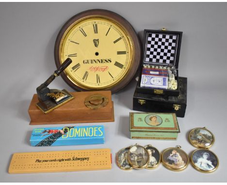 A Collection of Sundres to Include Miniature Prints, Dominoes, Cribbage Board, Vintage Wooden Box, Guinness Clock Surround et