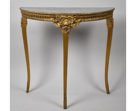 A Gilt Framed Demi Lune Faux Marble Topped Console Table on Extended Cabriole Supports, 76cm wide 