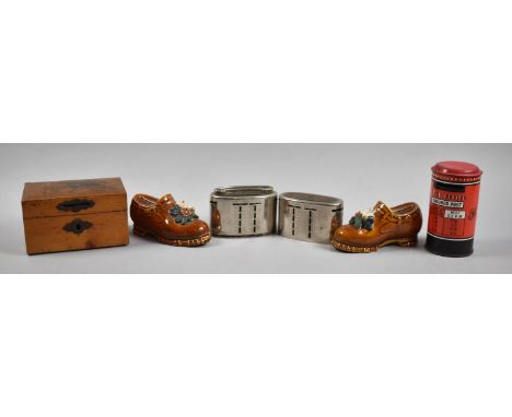 A Collection of Vintage Money Boxes to Include Ceramic Shoes, Post Office Savings Postbox, Wooden and Bank Examples 