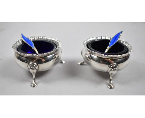 A Pair of Silver Circular Salts on Three Scrolled Feet with Cobalt Blue Glass Liners, Hallmarks for Chester 1921 by Haseler &