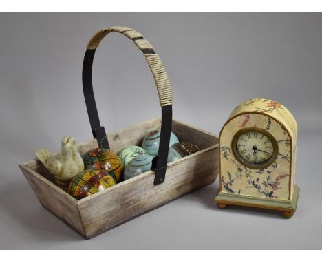 A Wooden Flower Trug Containing Floral Decorated Mantle Clock and a Collection of Ceramic Balls, Bird Ornament etc 