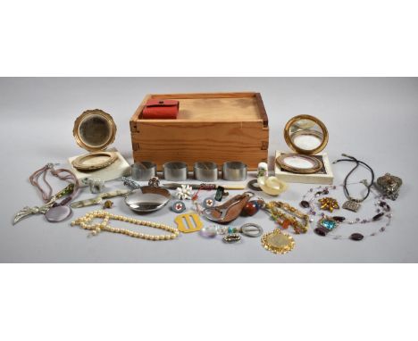 A Wooden Box Containing Costume Jewellery, Powder Compacts, Circular Hip Flask, Napkin Ring etc 