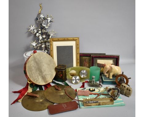 A Collection of Sundries to Include Vintage Tamborine, Cymbals, Carved Elephant etc 