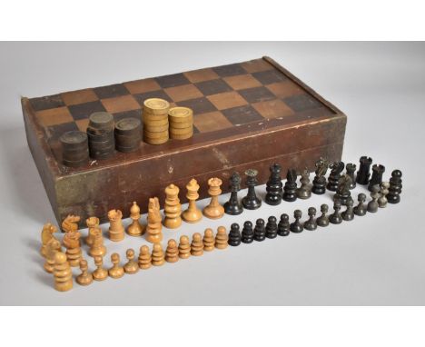 A Late 19th/Early 20th Century Games Box with Outer Inlaid Chess Board and Inner Backgammon Board Containing Various Vintage 