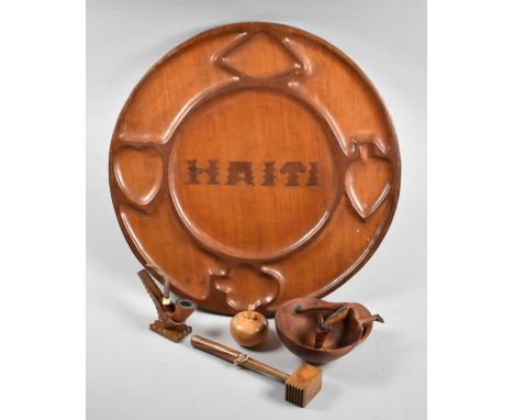 A Large Circular Wooden Souvenir Tray from Haiti, the Border Decorated with Playing Card Suits Together with Decorated Bowl, 
