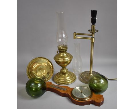 A Collection of Various Items to include Brass Oil Lamp, Dish, Table Lamp, Two Glass Plates and a Wall Barometer 