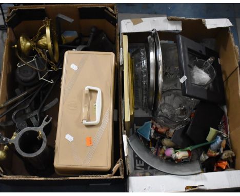 Two Boxes of Sundries to Include Long Handled Fire Irons, Cantilevered Toolbox, Picture Frames, Glasswares, Ornaments etc 