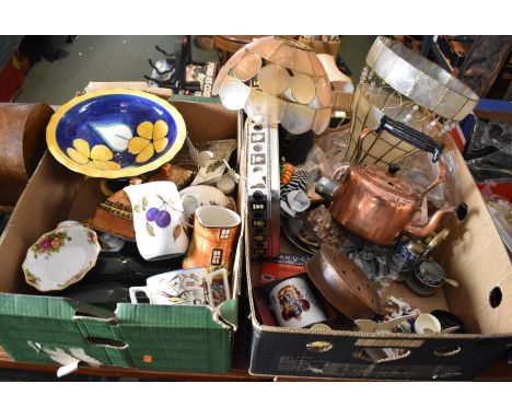 Two Boxes Containing Ceramics, Glass, Copperware, Light Shades etc 