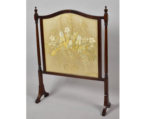 An Edwardian Mahogany Framed Fire Screen with Silk Embroidered Panel Depicting Basket of Flowers, 82cm High 