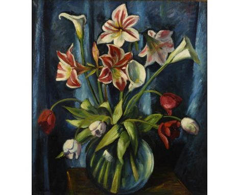                     HONIGBERGER,             Ernst(1885 Kronstadt - 1974 Wehr/Baden)    Stillleben mit TulpenÖl/Leinwand. Lin