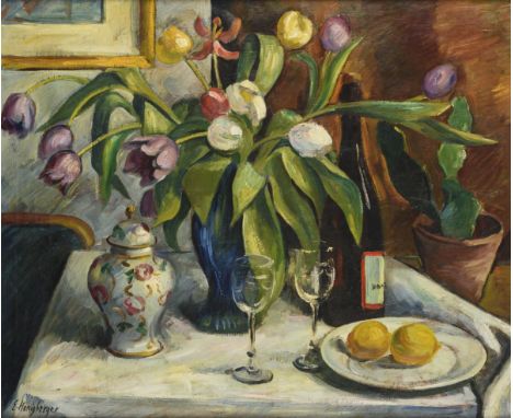                     HONIGBERGER,             Ernst(1885 Kronstadt - 1974 Wehr/Baden)    Stillleben mit Blumen und Porzellanva