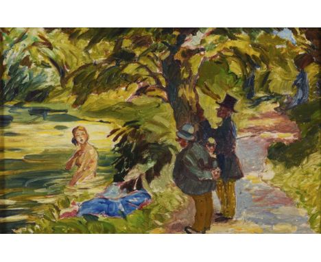             Unsigniert: Die SpannerÖl/Holz. Anfang 20. Jh. 16 x 24 cm. Gerahmt31 x 39 cm.             Zwei Herren in Zylinder