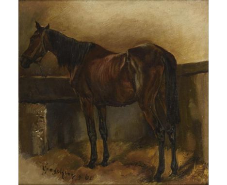                     DIEZ,             Wilhelm von(1839 Bayreuth - 1907 München)    PferdebildÖl/Malkarton. Links unten Ortsan