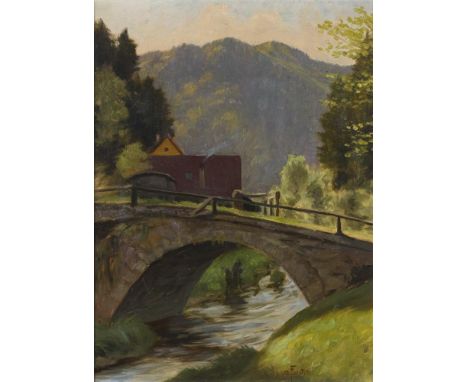                     FIKENTSCHER,             Otto(1862 Zwickau - 1945 Baden-Baden)    Sonnige Landschaft mit BrückeÖl/Leinwan