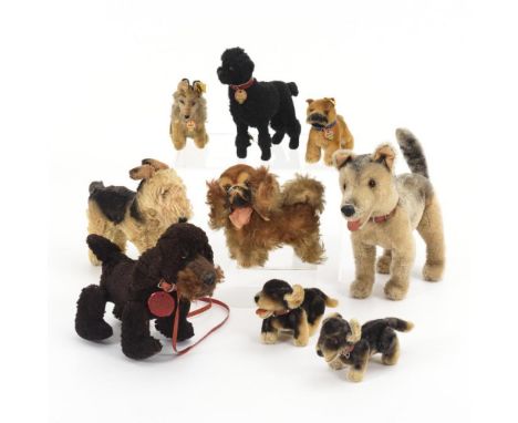 Konvolut 9 Hunde8x Steiff, 1x Schuco "Trip-Trap". 4x Knopf im Ohr, 3x mit Brustschild. 1940er - 1960er Jahre.             Moh