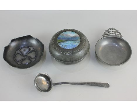 A Liberty &amp; Co pewter circular pot and cover with inset enamel plaque depicting a mountainous landscape, signed Varley, t