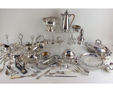 A collection of silver plated tableware and other items, to include a model of a pheasant, a Ronson table lighter, a tureen a