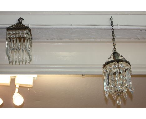 A 19th century gilt metal and cut glass droplet bag drop light fitting, 19cm, together with another light shade of square for