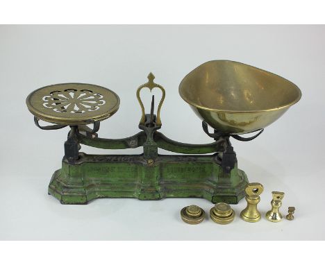 A set of South Coast Scale Co Bournemouth balance scales with brass pan, together with various weights