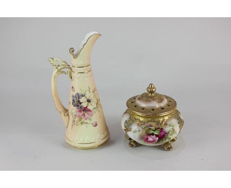 A Royal Worcester porcelain pot pourri with hand painted rose design and scrolling gilt embellishment, together with an Art N