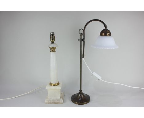 A white marbled stone column table lamp base with brass mounts, together with a brass adjustable table lamp with white shade