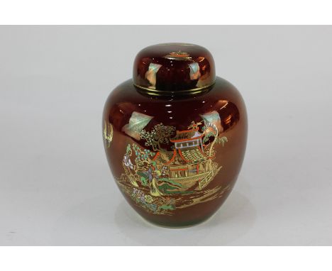 A Carlton ware rouge royale jar and cover depicting two figures in Chinese landscape