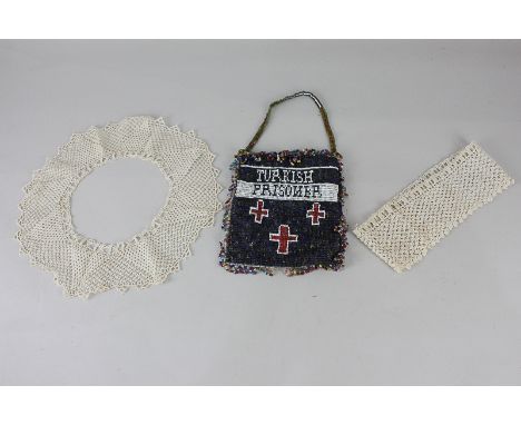 A First World War Turkish prisoner of war beaded bag with two pieces of hand made lace