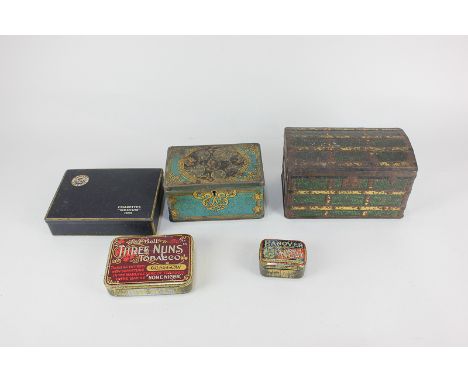 A collection of five tins, comprising a Lyons tea caddy with lock and key 'saves you money', a J &amp; F Bell Three Nuns toba