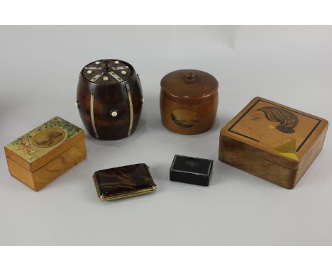 A treen bone mounted tobacco jar and cover, of barrel form, 11.5cm, together with two pieces of Victorian Mauchline Ware, an 