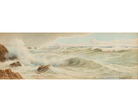 Ernest Stuart (British, fl. circa 1889-1915)Seascape, with a rocky outcrop and gullssigned lower rightwatercolour on paper18 