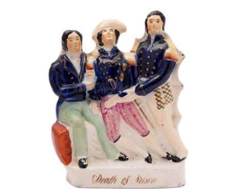 A mid 19th century Staffordshire figure group 'Death of Nelson', circa 1840:  Nelson seated centre  flanked by two figures ,o