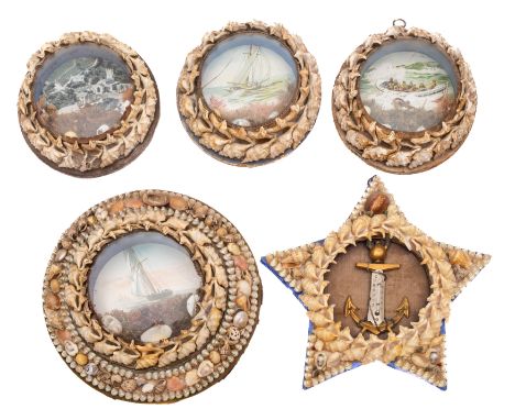 A group of  five early 20th shellwork wall hangings: comprising a gilt brass foul anchor thermometer in star shaped case, 22c