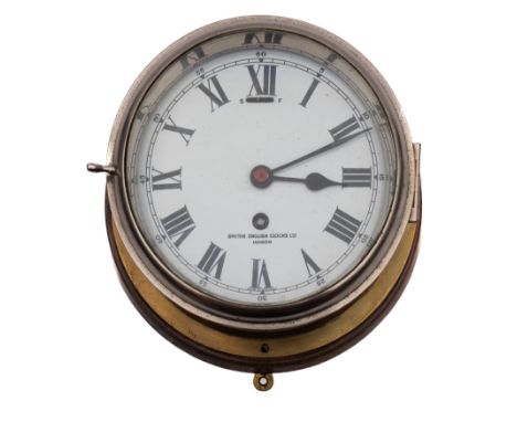 A Smiths bulkhead clock: white enamel dial with Roman numerals signed 'Smiths English Clock Ltd, the single barrel eight day 