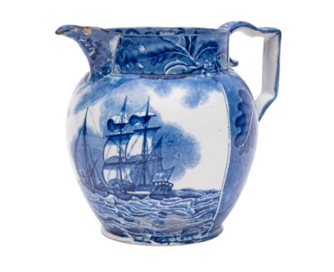 An early 19th century blue and white transfer printed pearlware 'Shipping Series' jug depicting a maritime scene panel on a g