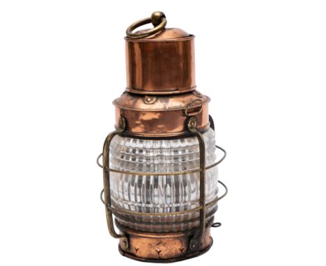 A War Deferment issue copper and brass all round top light: circular chimney over fresnel lens with bar guard, fitted origina