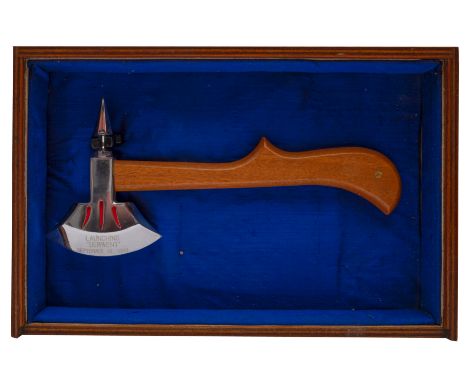 A silver plated launch axe for the gas tanker 'Derwent', September 19th , 1990: the silver plated head inscribed as per title