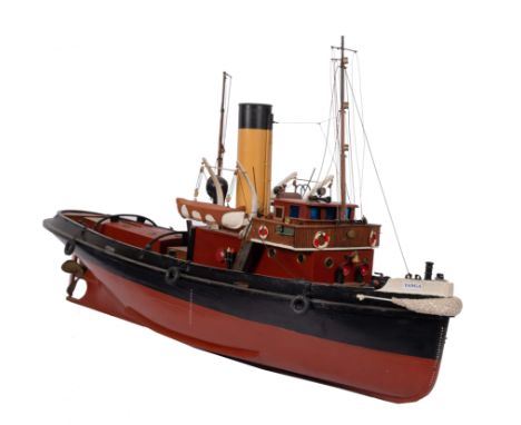 A scale model of the tug 'Tanga':  fitted black banded cream stack , aerial masts, bridge lifeboats and davits, correct deck 