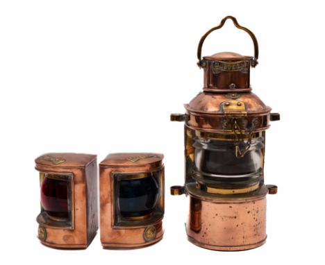 A set of three small copper and brass ship's lamps: 'Masthead', 'Port' & 'Starboard', unsigned (Masthead lamp 31cm high) (3) 